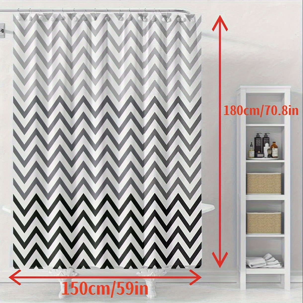 Chic black and white chevron shower curtain - waterproof, machine washable, includes hooks, ideal for any bathroom décor.