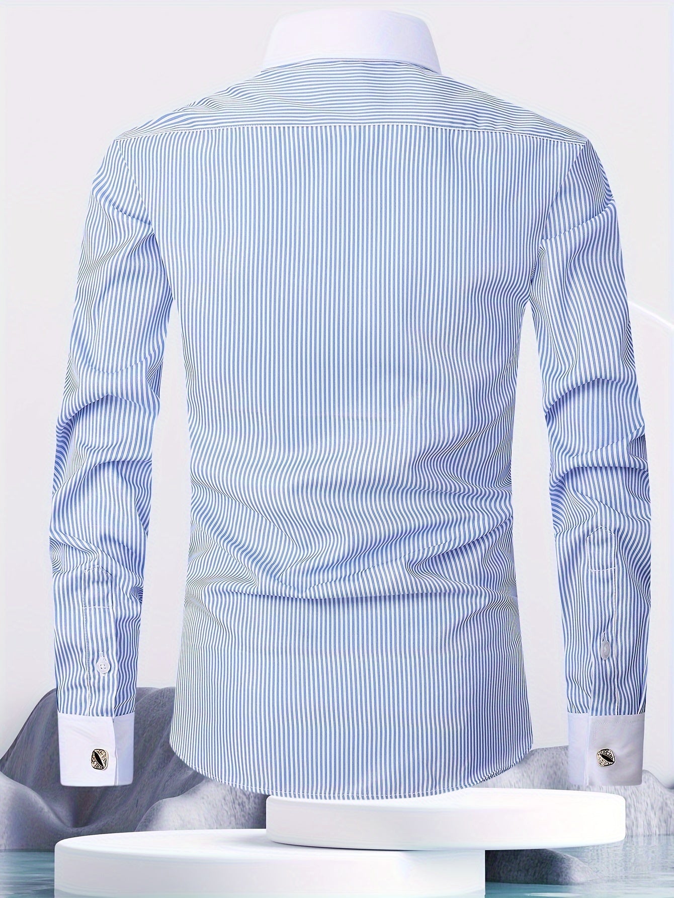 Men's French-style dress shirt with stripes and cufflinks included.