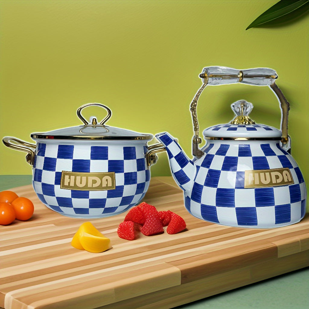 Enamel Soup and Stew Stockpot Set - 2.8L Enamel Kettle with Thick Grid Design - High-Quality Cookware for Home and Outdoor Camping