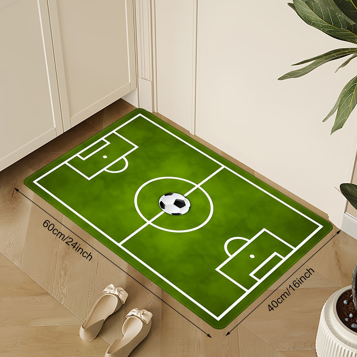 Add a vibrant touch to your home decor with this vibrant green soccer stadium design area mat. Made from soft, non-slip polyester, this stain-resistant rug is perfect for living rooms, doorways, hallways, and balconies. Bring a sporty vibe to your space