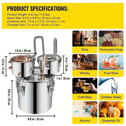 11.36 L Stainless Steel Alcohol Still with Copper Tube & Thermometer, Double Thumper Keg Home Brewing Kit for DIY Whiskey Wine Brandy