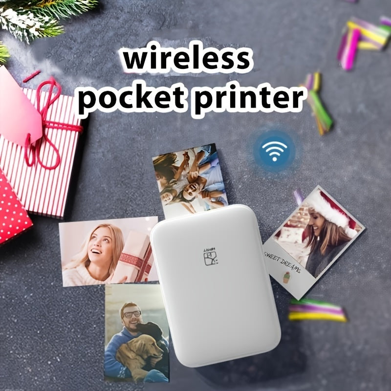 Portable photo printer compatible with IOS/Android devices for direct printing, featuring ZINK technology for high-quality color reproduction.