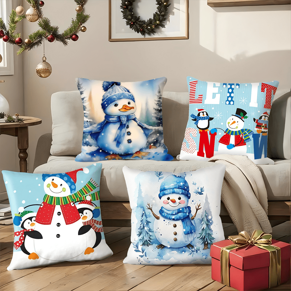 Christmas Decoration Pillow Cover featuring a festive snowman design, perfect for adding holiday cheer to your living room or bedroom. Makes a great Christmas gift or decoration. Each cover measures 45*45CM and comes in a set of 4 or individually. Pillow