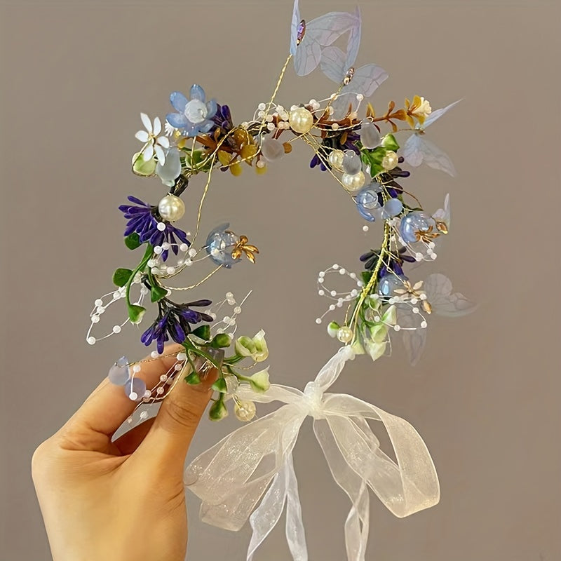 Hair accessories for women featuring a flower headband with butterfly decoration, faux pearl inlays, and a wreath design