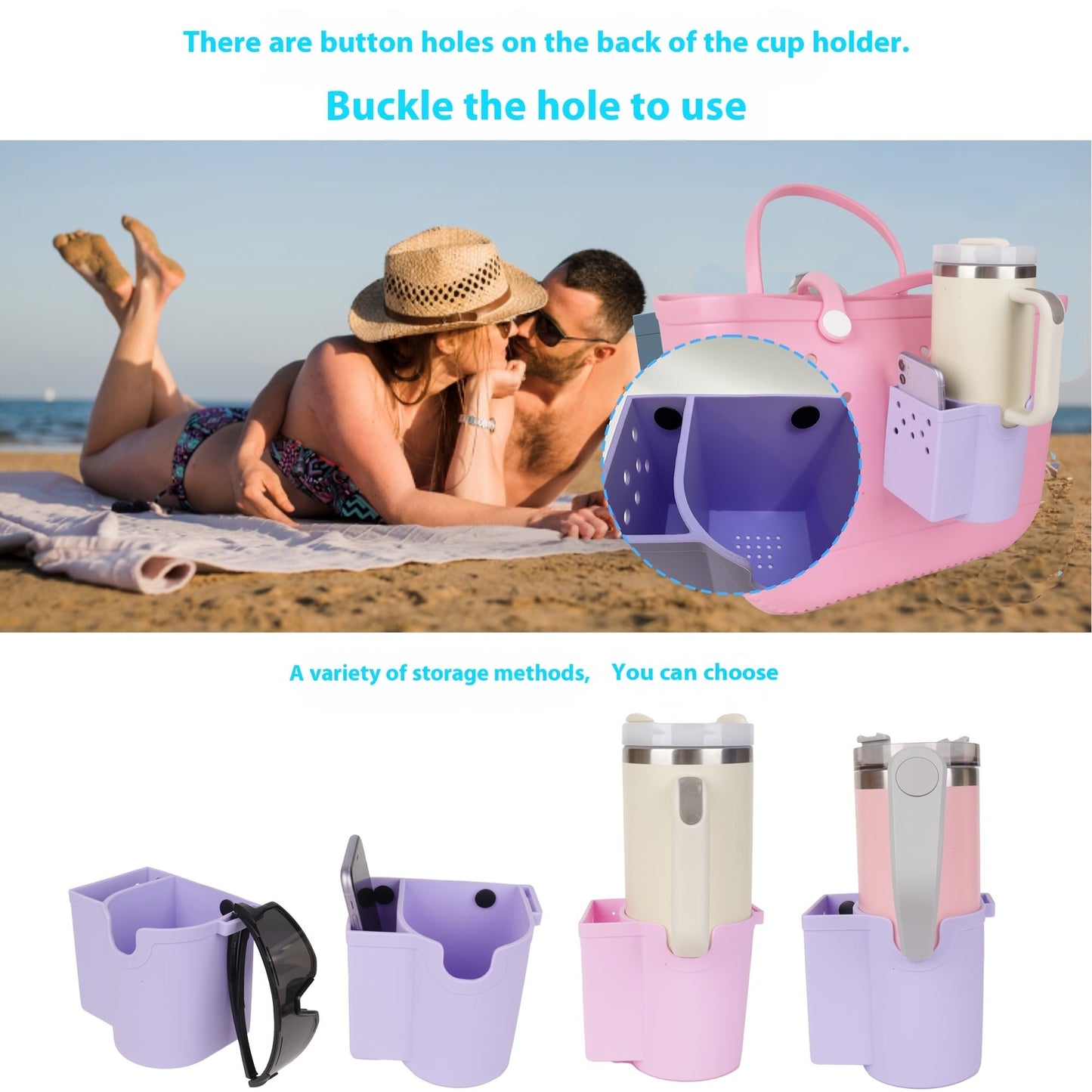 Accessories for your beach bag include a water cup holder, hole bag cup holder, and mobile phone storage bag.