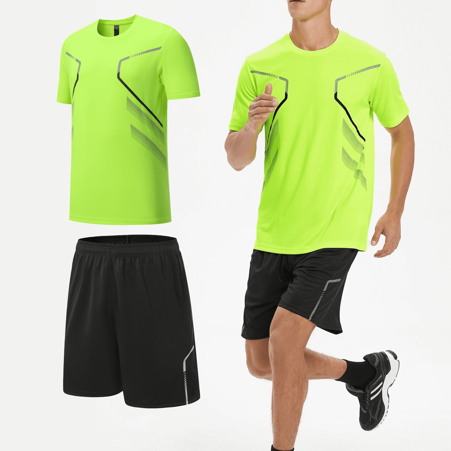 Men's summer running sportswear set includes quick-dry crew neck t-shirt and shorts for hiking, training, and weekend activities.