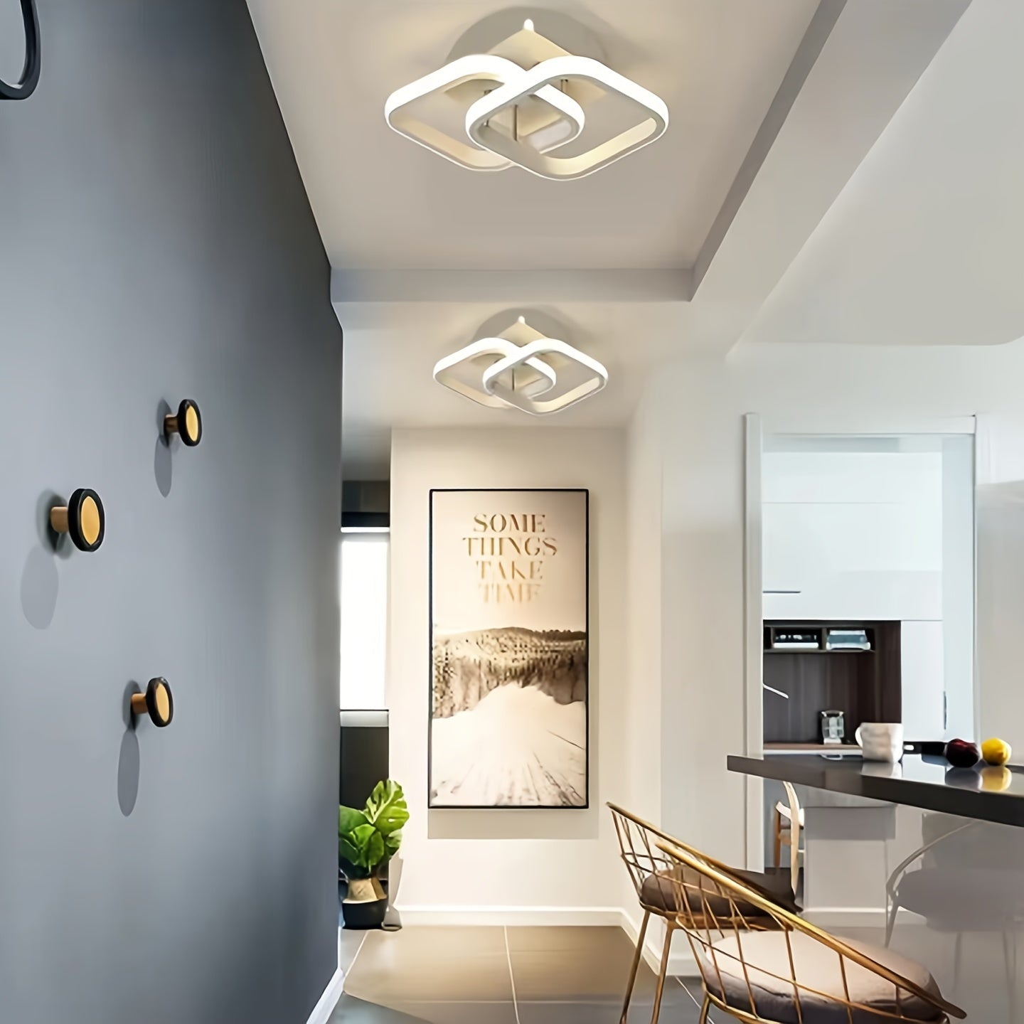 Square pendant lights and white embedded ceiling lights installed throughout the kitchen, attic, corridor, balcony, stairs, and bedroom.