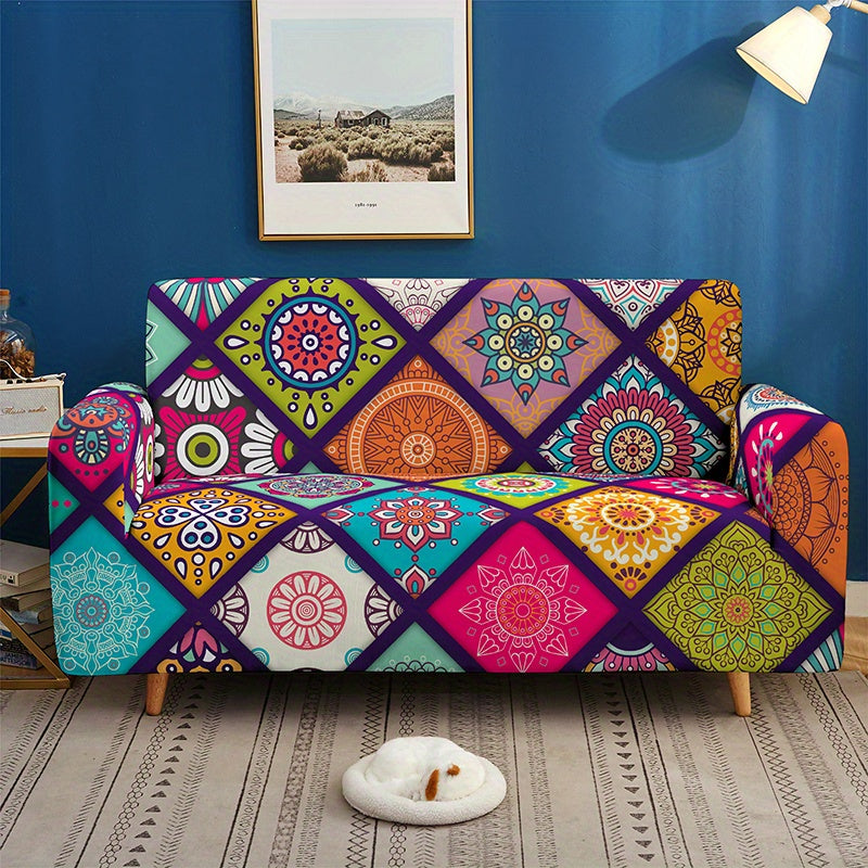 Colorful stretch sofa cover with elastic band adds a bohemian touch and protects furniture.