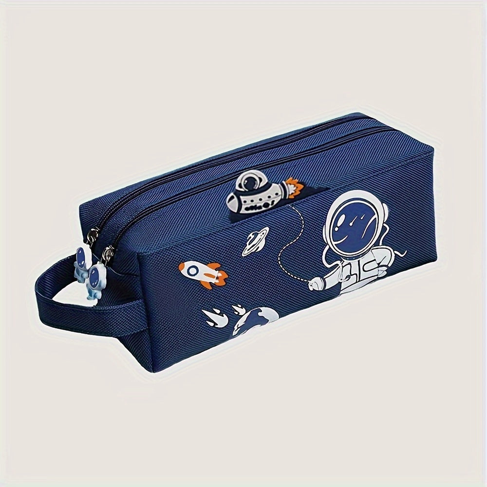 Space astronaut pencil case with cartoon animal design, double-layer canvas storage bag for school supplies.