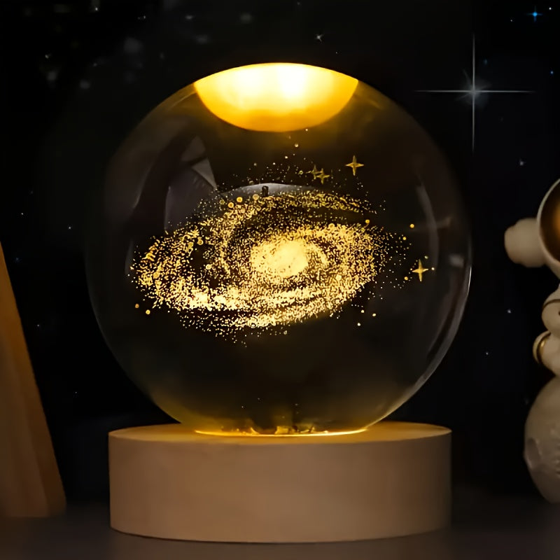 3D Crystal Ball with Solar System & Moon Engraving - USB Powered, Space Decor for Home and Office