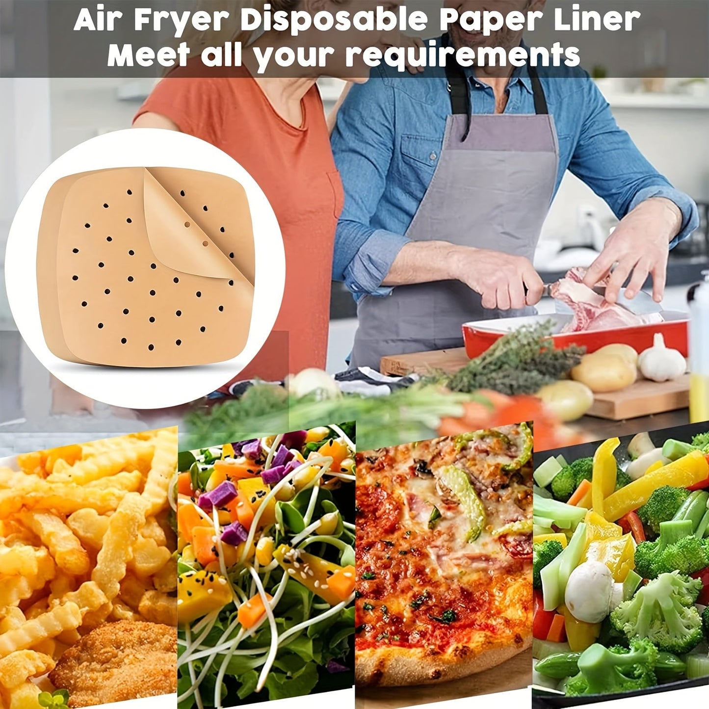 Get 100 square parchment paper liners for your air fryer in three different sizes (16.51cm, 19.05cm, 21.59cm). Perfect for healthy cooking, baking, and steaming in both air fryers and ovens. A convenient accessory for any air fryer.