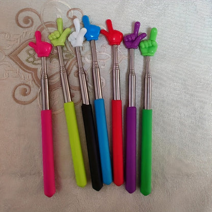 Retractable stainless steel finger pointer, adjustable length, multi-color teaching aid for home and classroom.