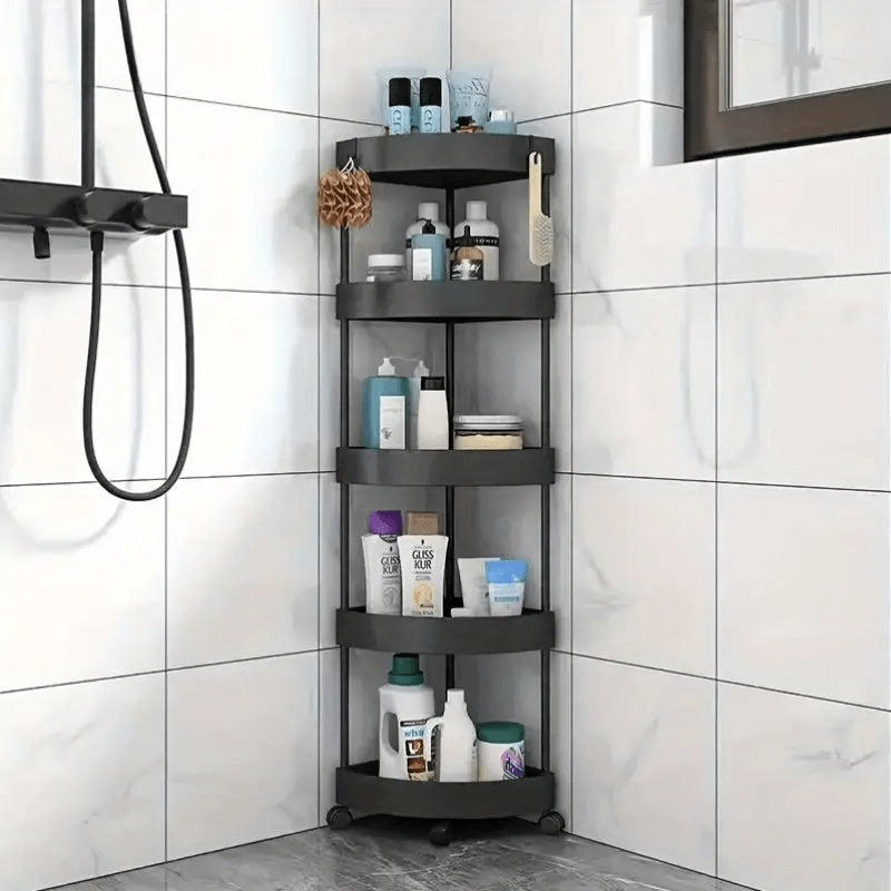 5-Tier corner bathroom shelf in plastic with ash finish and no golden pipes, a space-saving essential for your bathroom.