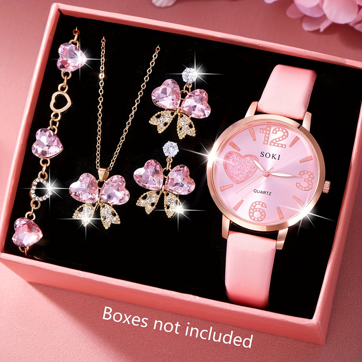 1pc Ladies Fashion Casual Round Digital Quartz Faux Leather Wrist Watch with 4pcs Heart Jewelry Set for Women