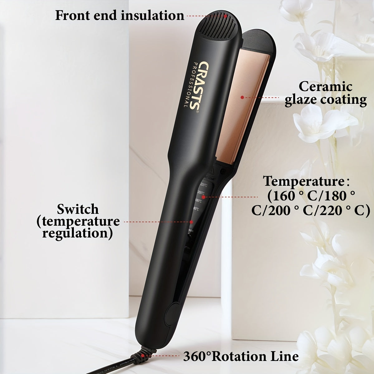 CRASTS Ceramic Hair Straightener and Curler for both straight and curly hair with 220V Type C Plug, 44W Plug Powered, No Battery Required.