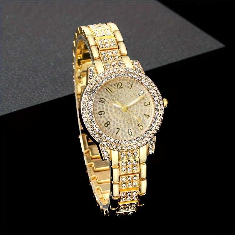 Set of 7 Women's Golden Quartz Watch & Jewelry, includes minimalist wristwatch, necklace, bracelet, ring, and stud earrings.