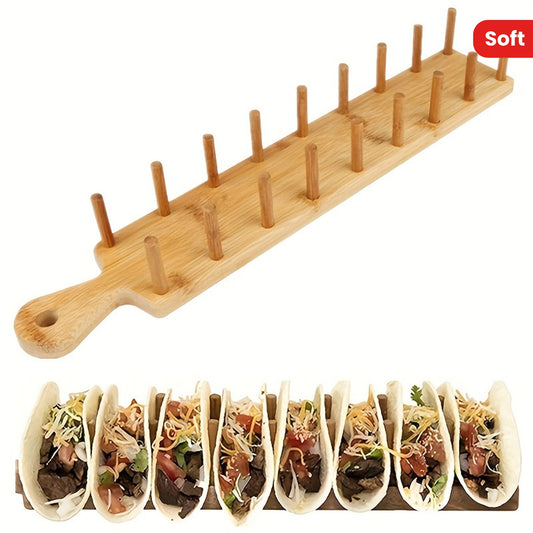 Wooden Taco Holder tray holds 8 soft or hard shell tacos, also suitable for tortillas and burritos. Made of bamboo, can be used as a kitchen organizer tool.