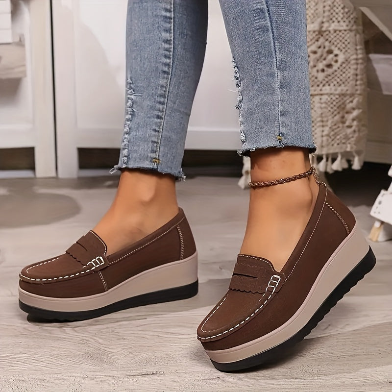 Women's slip-on loafers in solid color, lightweight faux comfort shoes with plain toe design for all seasons.