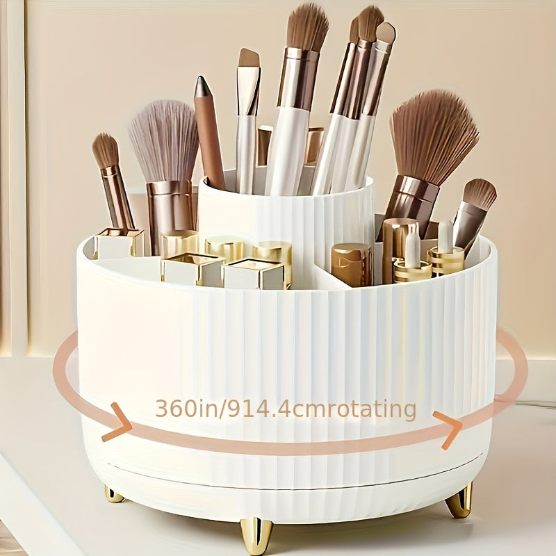 Rotating makeup organizer made of glossy ABS plastic, ideal for storing cosmetics on countertops in bedroom, vanity, or bathroom.