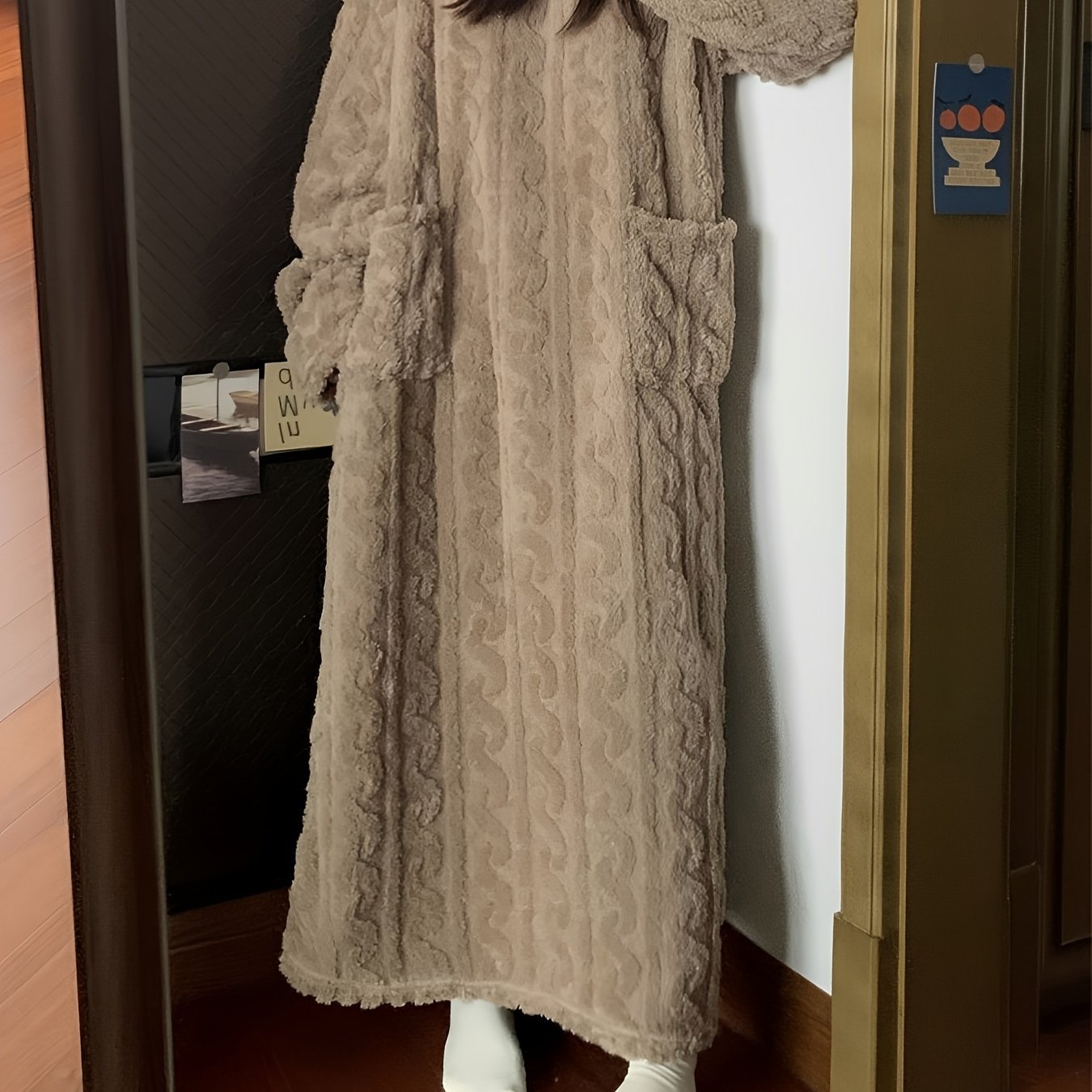 Women's fleece-lined long sleeve nightgown with cable knit texture - ideal for Fall/Winter.