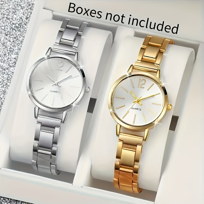 Six elegant ladies quartz watches and bracelet suits with round zinc alloy case, stainless steel strap, casual round simulation dial with steel band, and shock-proof movement.