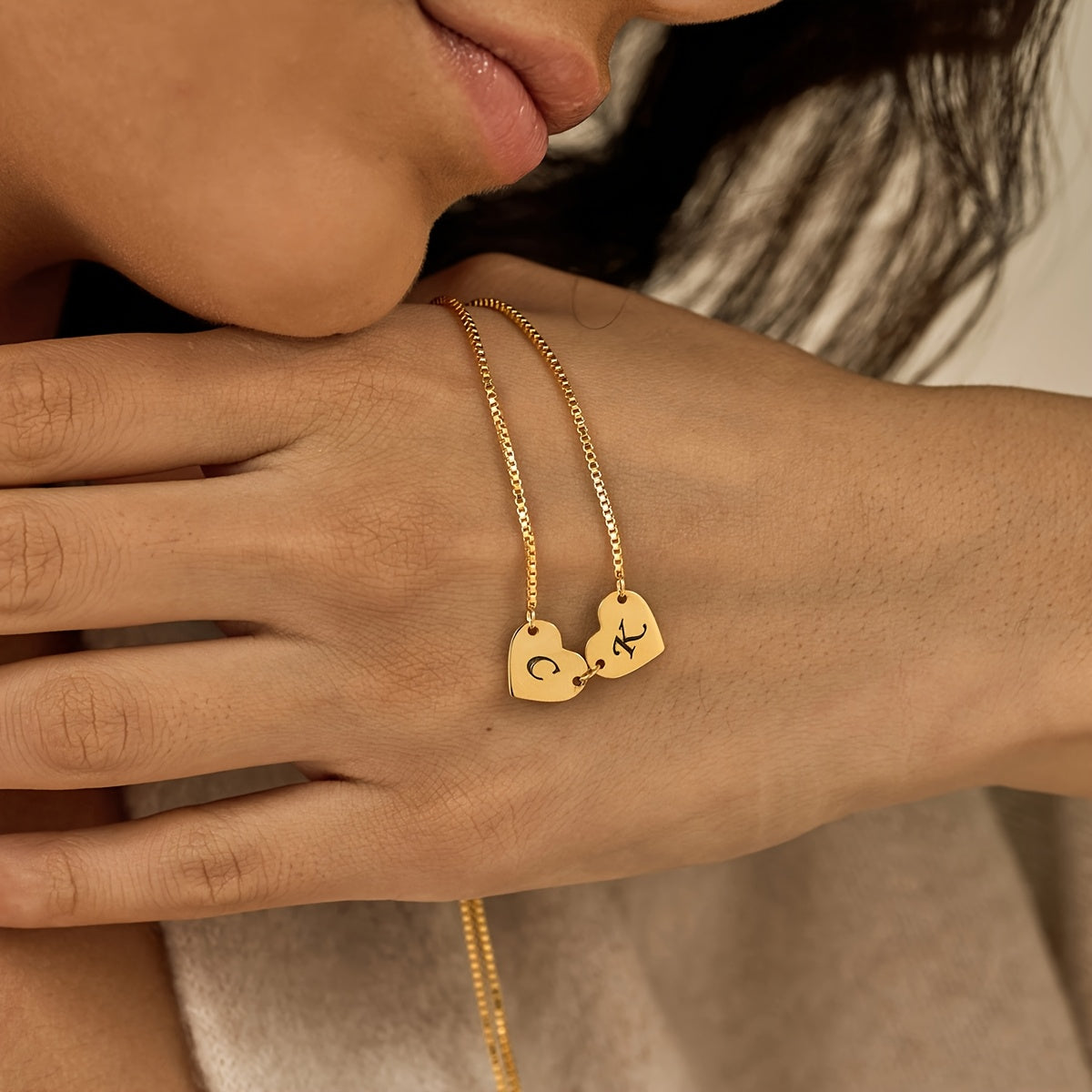 Set of 2 Personalized Initial Heart Pendant Necklaces, Made with 18K Gold Plated Copper, Featuring a Stylish and Sophisticated Design. Perfect Gift for Mother's Day, Valentine's Day, Birthdays, Anniversaries, Graduation, Christmas, or as a Luxurious