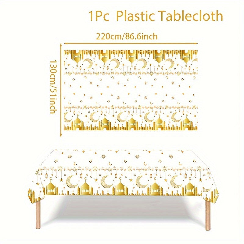 Eid Mubarak plastic table cover for Ramadan parties, 220x130cm, machine-made weave, perfect for Eid Al-Fitr celebrations.