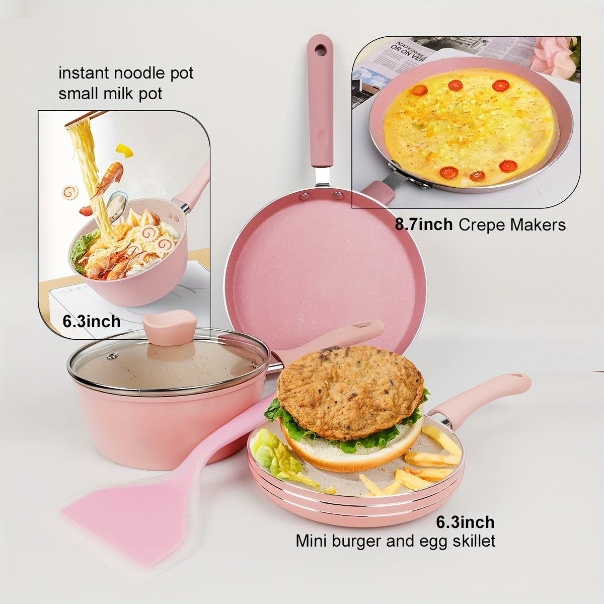 Set of 4 pink mini pots and cooking utensils for 1 person, including a flat bottom pot, egg frying pan, silicone spatula, soup pot, and milk pot. Perfect for a pink-themed restaurant, with additional pancake and crepe pans included.