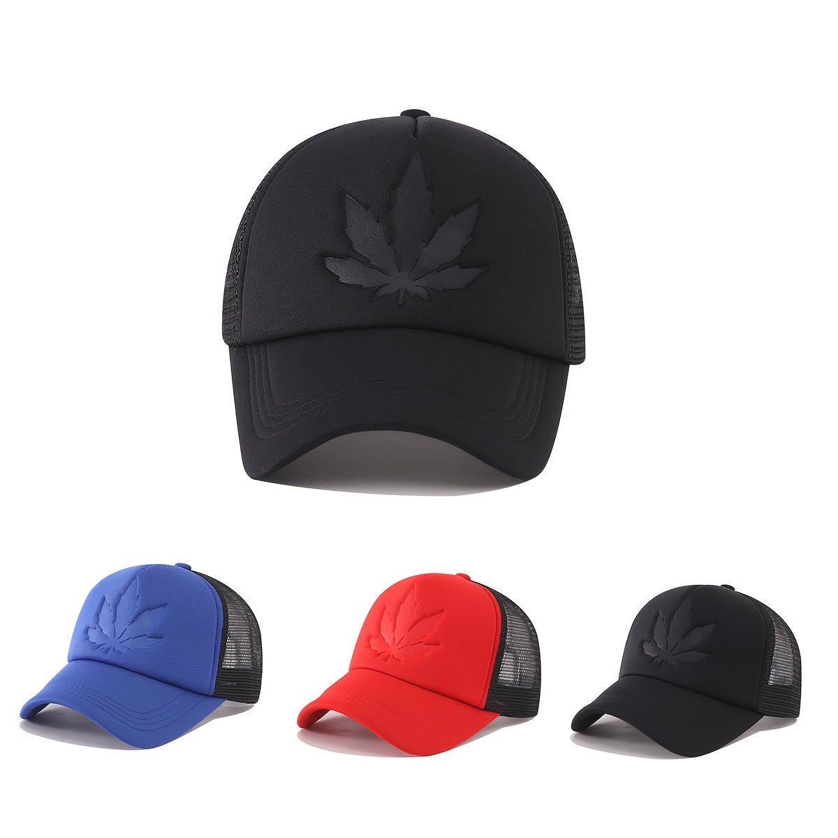 OKOIUM Maple Leaf Embossed Baseball Cap - Breathable mesh back, polyester, casual style for outdoor sports, available in black, blue, red.