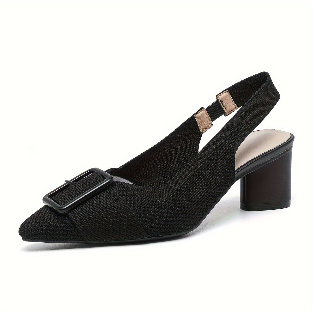 Women's mid-heel pumps with breathable knit, pointed toe, slip-on style, and chunky heel for all seasons.