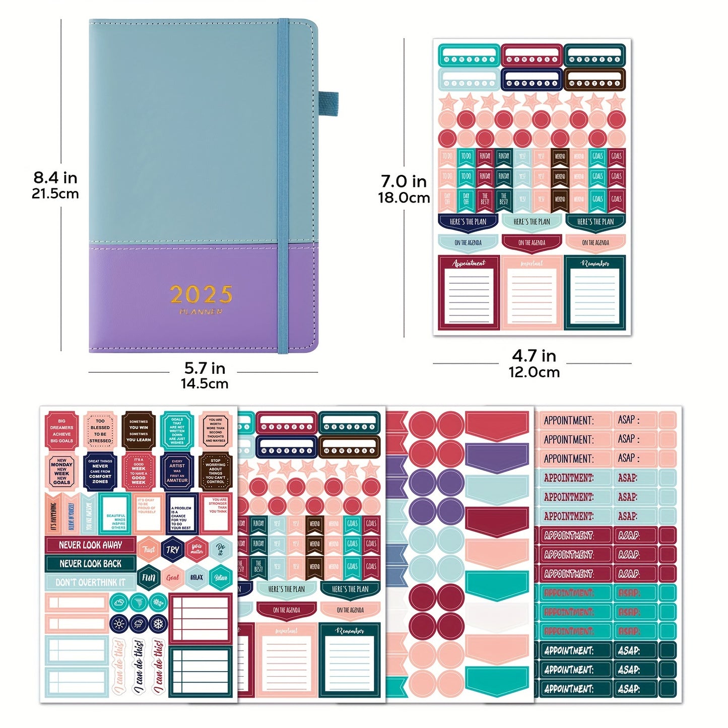 2025 Daily & Monthly Planner with Hourly Slots, Hardcover Leather, English, Includes 4 Planning Sheets, 12 Monthly Tabs, Productivity Tool