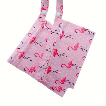 The Asenappy Set of 2 Wet Dry Bags features a trendy Flamingo Print design. These waterproof reusable bags are perfect for storing diapers and laundry but can also be used as a travel organizer for swimsuits, cosmetics, toys, and more. Suitable for ages