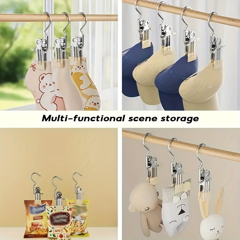 Set of 10 stainless steel laundry clips with swivel hook, versatile windproof clothes pegs for hanging socks, underwear, and accessories, efficient wardrobe organizer clips for saving space, and holding clothes securely.