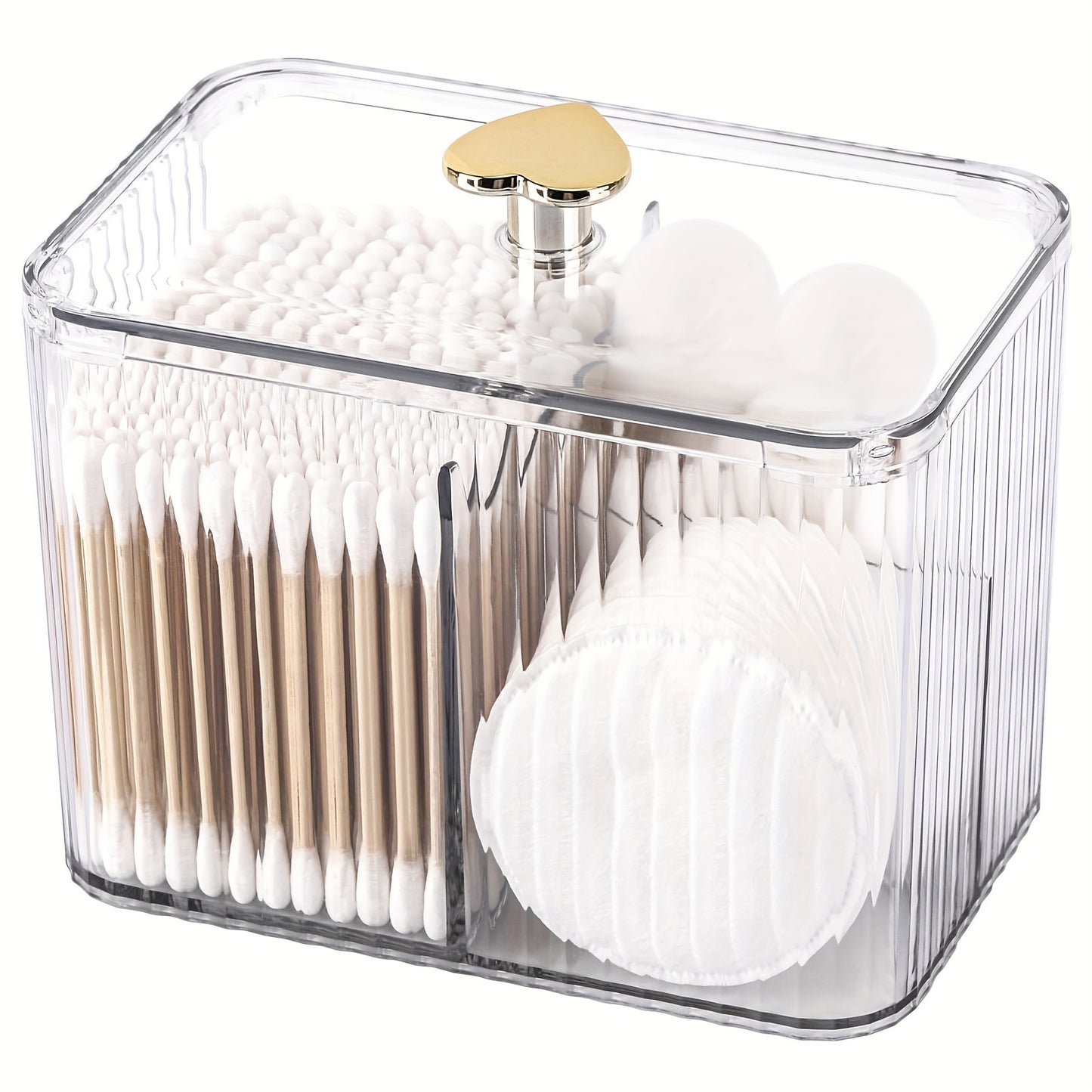 Clear plastic Qtip holder with 3 sections for cotton swabs, pads, and balls. Ideal for vanity storage, lightweight and space-saving.