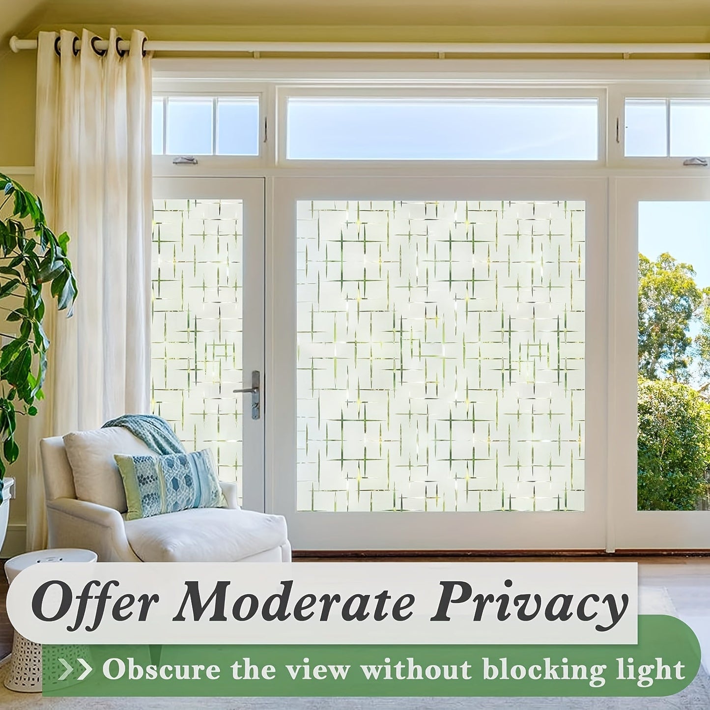 Privacy frosted glass window film for 1pc, featuring static cling technology for easy removal and reapplication. This film provides heat control and UV blocking for doors and windows, making it perfect for living rooms, bathrooms, bedrooms, offices, and