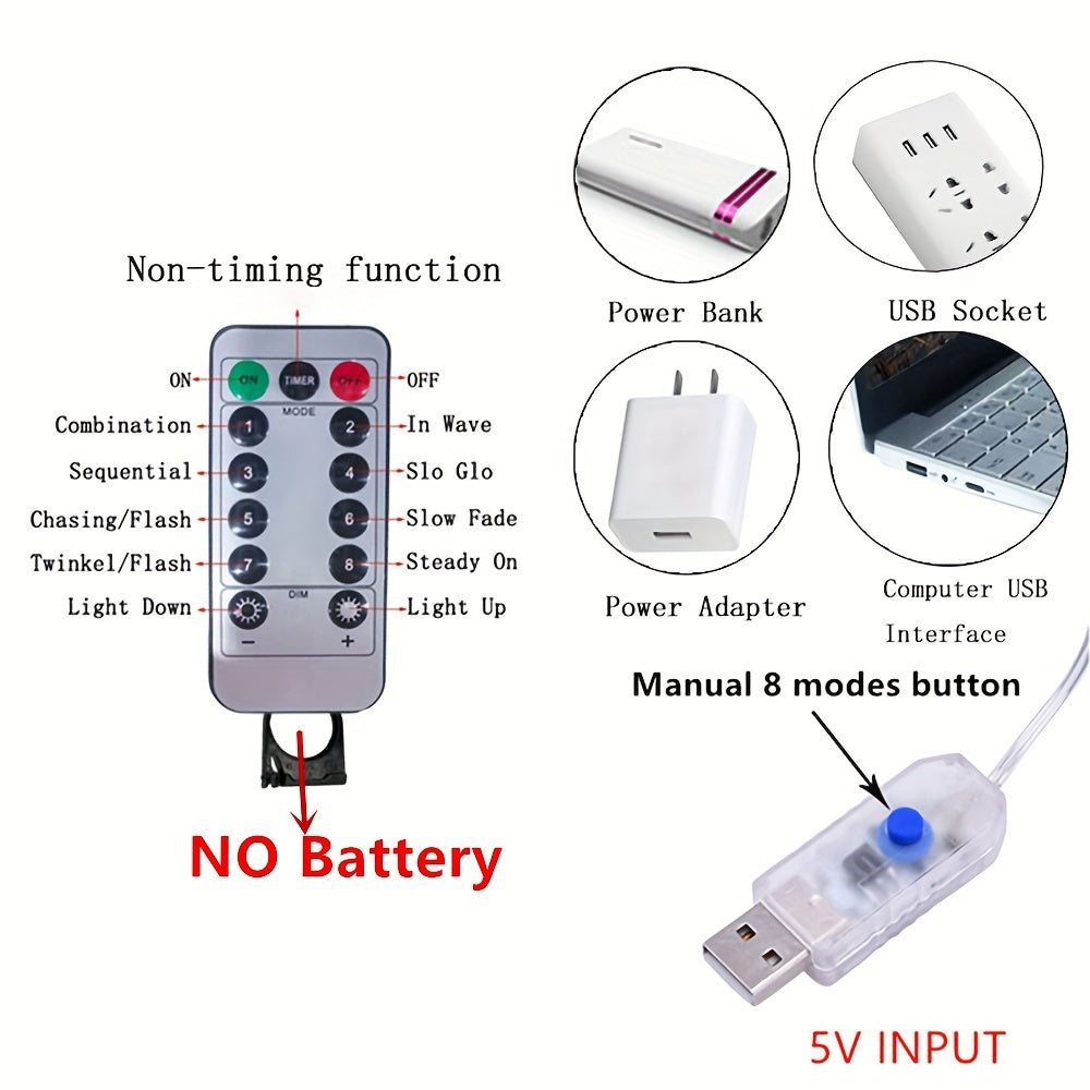 USB-powered LED string lights with infrared sensor, suitable for various occasions and holiday decorations without needing batteries.