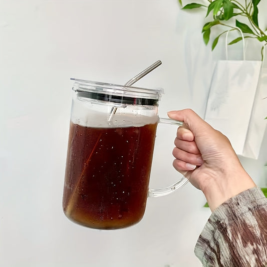 One large 1L heavy-duty glass water cup with lid and straw for iced coffee and other beverages, perfect for any season.