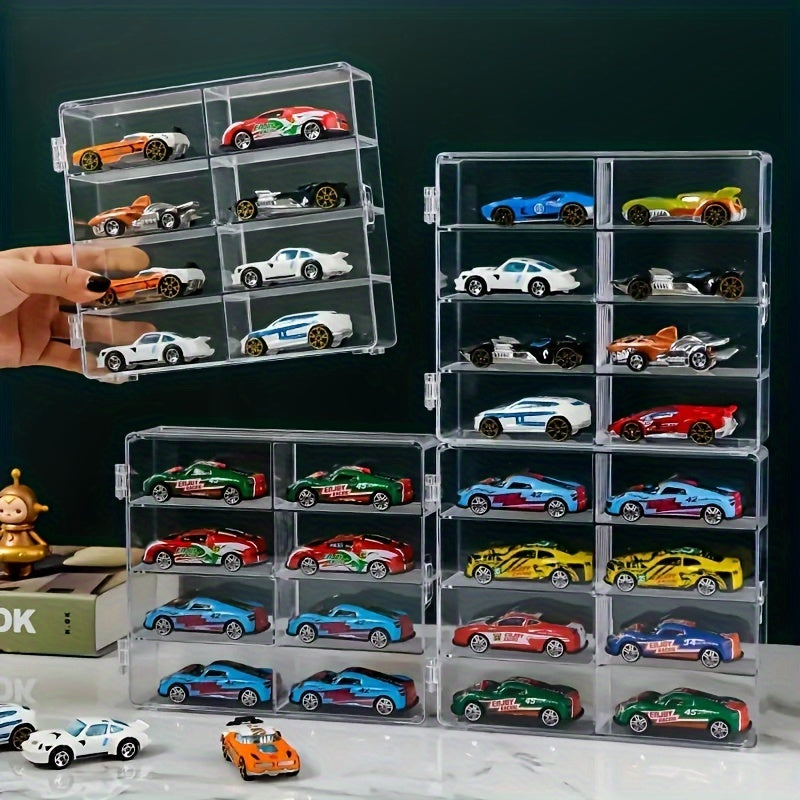 8-compartment toy car storage box with transparent organizer for alloy cars.