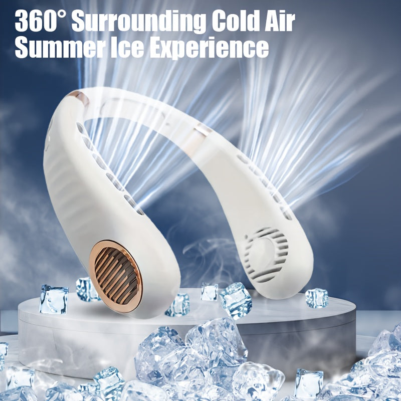 Introducing the JKUOO Portable Neck Fan with Ice Cooling Technology! This fan features a quiet turbo motor and bladeless design, making it perfect for indoor and outdoor use. The USB rechargeable fan comes with a built-in lithium battery and convenient