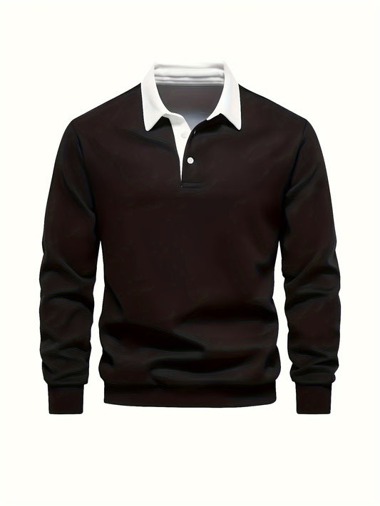 Men's plus size casual sweatshirt made from 100% polyester knit fabric. Features mature and sporty style with solid color, button detail, lapel collar, slight stretch, and regular fit.