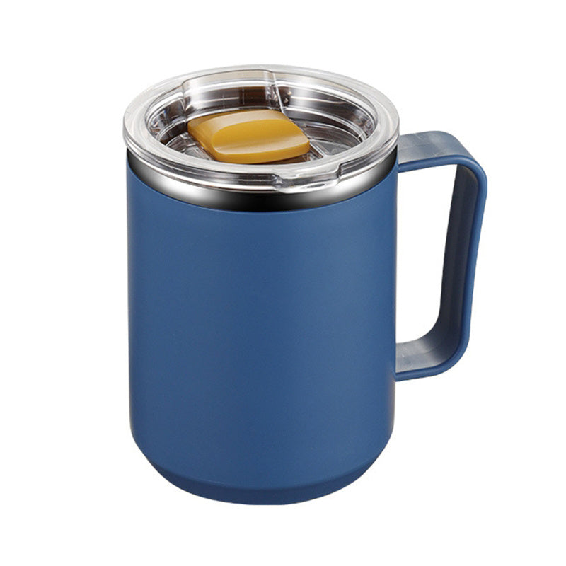 Insulated stainless steel coffee mug with handle and lid for office, outdoor, and school use.