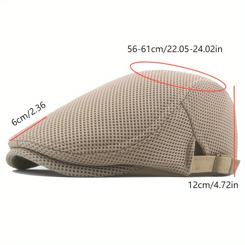 Men's fashion mesh newsboy cap with hollow-out design, adjustable size, and breathable sun protection. Made of polyester material, perfect for a street style look. Ideal gift for holidays.