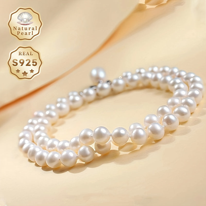 MUFAN Elegant 7-8mm Natural Freshwater Pearl Necklace for Women, June Birthstone, S925 Silver Clasp, Suitable for Daily Wear & Special Occasions - Gift Box Included, No Plating