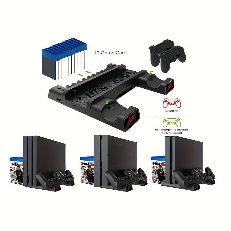 PS4 cooling stand with controller charging, light indicator, disc slot, and game card storage.