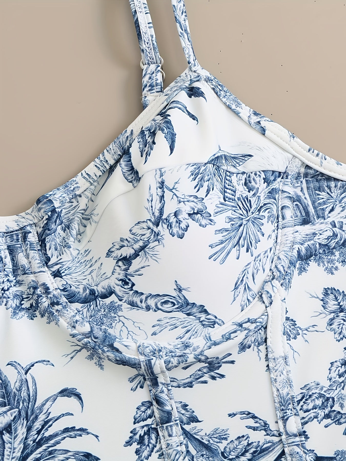 Blue Chinoiserie Print Push Up Swimsuit with Spaghetti Straps