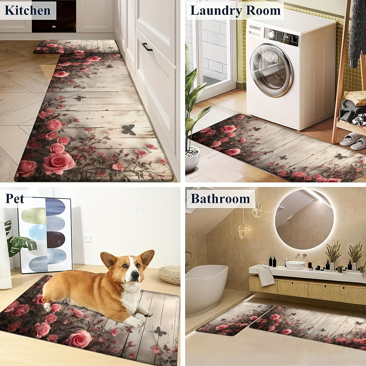 Set of 1 or 2 Rose And Wood Wall Pattern Kitchen Mats, Non-Slip and Sturdy Bathroom Pads for Floors, Soft Standing Runner Rugs, Carpets for Kitchen, Home, Office, Laundry Room, Bathroom, Perfect for Spring Decor