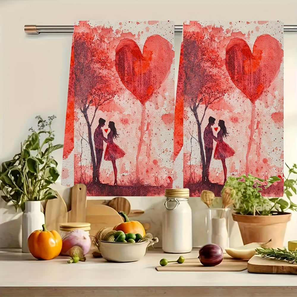 Valentine's Day Kitchen Towels Bundle - Set of 2, Modern Coastal Design, Highly Absorbent Polyester Knit Material, Easy to Clean in Washing Machine, Size 40.64x60.96 cm, Featuring Love & Glitter Theme for Festive Decoration.