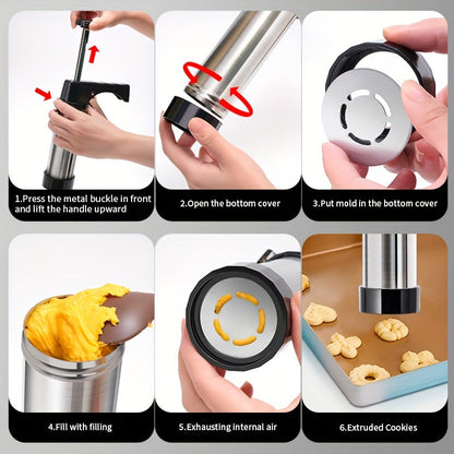 Stainless Steel Cookie Press Maker Kit Set with 22 Pieces - Includes 13 Round Cookie Tools and 8 Icing Tips - Food Safe Baking Tool for Home Use