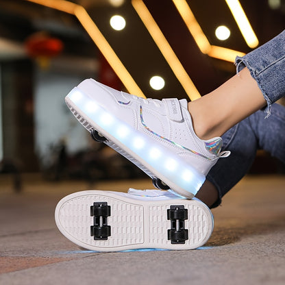 LED Light-Up Roller Skates for girls in Purple & White. Adjustable strap, Lightweight & Breathable. Ideal for outdoor fun and street style. Trendy youth sneakers with Pu Upper Skates.