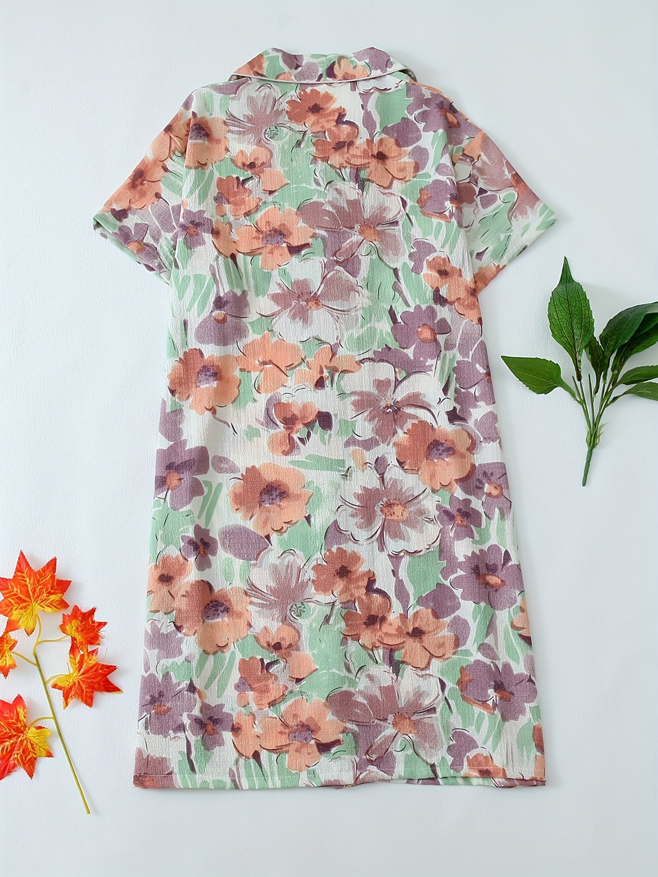 Plus Size Floral Print Boho Sleep Dress with Button Up, Short Sleeves